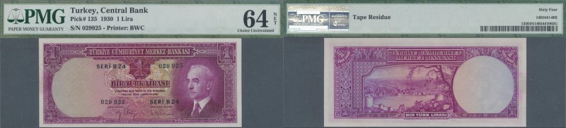 Turkey: 1 Lira 1930, P.135 in almost perfect condition with tape residue at righ...