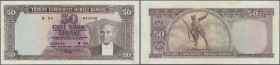 Turkey: 50 Lira L. 1930 (1951-1961), P.166, lightly toned paper with a few minor spots and soft vertical bend at center. Condition: VF
