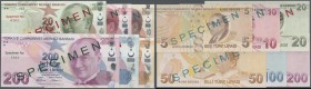 Turkey: set of series 6 specimen banknotes 5 to 200 Lira 2009 P. 222s-227s, all in condition: UNC. (6 pcs)