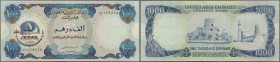 United Arab Emirates: rare note 1000 Dirhams ND(1976) P. 6, light folds in paper, pressed, 2 restored pinholes at left, still nice colors and strongne...