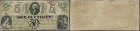 United States of America: Virginia, Bank of Philippi 5 Dollars 1850's, P.NL, yellowed paper with several folds, tiny pinholes at center and some small...