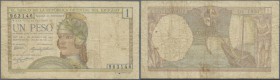Uruguay: 1 Peso 1930 P. 17 in used condition with folds and creases, stained paper, but no holes or tears, seldom seen note, condition: F.
