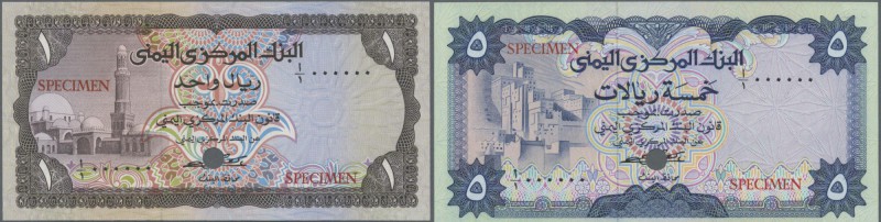 Yemen: set of 2 Specimen notes containing 1 and 5 Riyals ND P. 11as, 12cts, both...