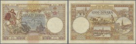 Yugoslavia: 1000 Dinara 1920, P.24, some small tears at upper and lower margin, tiny hole at center, several stains and folds. Condition: F
