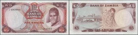 Zambia: 5 Kwacha ND(1973), P.15, soft vertical bend at center and some other minor creases in the paper. Condition: VF+