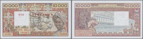 Togo: West African States letter ”T” for Togo 10.000 Francs ND Specimen P. 809Ks with zero serial numbers and Specimen overprint in condition: UNC....
