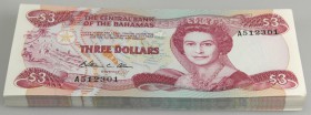 Bahamas: Bundle with 100 pcs. 3 Dollars ND(1986) with running serial numbers, P. 44 in UNC condition. (100 pcs.)