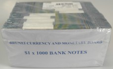Brunei: Original brick with 1000 Banknotes of the 1 Ringgit 2008, P.22c packed in 10 bundles of 100 notes each with running serial numbers, original b...
