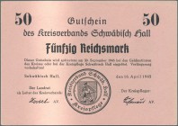 Deutschland - Alliierte Miltärbehörde + Ausgaben 1945-1948: Schwäbisch Hall, Kreisverband, 1, 2, 5, 10, 20, 50 RM, 16.4.1945, Erh. I-, total 6 Scheine...