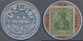 Deutschland - Briefmarkennotgeld: Altena, Selve AG, 20 Pf. Germania, Aluminium, MUG rosa mit 4 x ”Selve”