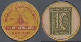 Deutschland - Briefmarkennotgeld: Barmen, Ernst Quambusch, Senf-Gewürze, 10 Pf. Ziffer, Zelluloid, MUG rosa