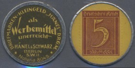 Deutschland - Briefmarkennotgeld: Berlin, Hänel & Schwarz, Briefmarken-Kleingeld, 5 Pf. Ziffer, Zelluloid mit Metallrand, MUG gelb