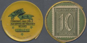 Deutschland - Briefmarkennotgeld: Coblenz, L. Tietz AG, 10 Pf. Ziffer, gelbe Plastikhülle, MUG grün, leichte Randmängel