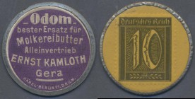 Deutschland - Briefmarkennotgeld: Gera, Odom - Ernst Kamloth, 10 Pf. Ziffer, Zelluloid mit Metallrand, MUG gelb