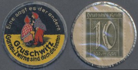 Deutschland - Briefmarkennotgeld: (Neusalz), Schlesien, Gruschwitz Garne und Zwirne, 10 Pf. Ziffer, Zelluloid mit Metallrand, MUG weiß
