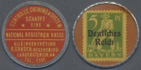 Deutschland - Briefmarkennotgeld: Regensburg, National Registrier Kasse G. Graser, 5 Pf. Bayern Abschied Überdruck, Zelluloid mit Metallrand, MUG brau...