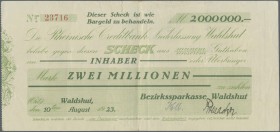 Deutschland - Notgeld - Baden: Waldshut, Bezirkssparkasse, 2 Mio. Mark, 10.8.1923, gedr. Scheck auf Rheinische Creditbank, gebraucht, von großer Selte...