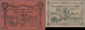 Deutschland - Notgeld - Bayern: Lechfeld, Kriegsgefangenenlager, 10, 20, 50 Mark, o. D., Karton mit ”Lageransicht mit Wasserturm und Flieger”, 10 Mark...