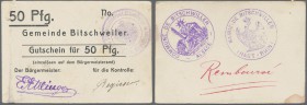 Deutschland - Notgeld - Elsass-Lothringen: Bitschweiler, Oberelsass, Gemeinde, 50 Pf., o. D., weißer Karton, ”Der Bürgermeister” und ”für die Kontroll...