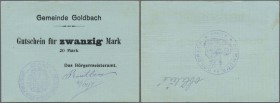 Deutschland - Notgeld - Elsass-Lothringen: Goldbach, Oberelsass, Bürgermeisteramt, 20 Mark, o. D., rs. franz. Gemeindestempel und handschr. ”oblitéré”...