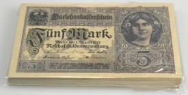 Deutschland - Deutsches Reich bis 1945: 5 Mark Darlehenskassenschein 1917, kassenfrisches Originalbündel von 100 Stück ÷ Original bundle of 100 pcs 5 ...