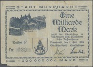 Deutschland - Notgeld - Württemberg: Murrhardt, Stadt, 200 Tsd. bis 1 Billion Mark, mit 1 Mrd. mit falscher Jahreszahl ”1922”, Erh. unterschiedlich, t...