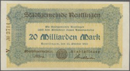 Deutschland - Notgeld - Württemberg: Reutlingen, Stadt, Sammlung von 84 Scheinen, beginnend mit 10 Mark 1918 bis zu 50 Mrd. Mark 27.10.1923, mit zahlr...