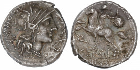 RÉPUBLIQUE ROMAINE
Sergia, Marcus Sergius Silus. Denier ND (116-115 av. J.-C.), Rome.
RRC.286/1 ; Argent - 3,94 g - 17 mm - 3 h 
Belle frappe et pa...