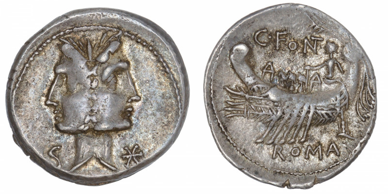 RÉPUBLIQUE ROMAINE
Fonteia, Caius Fonteius. Denier ND (114-113 av. J.-C.), Rome...