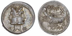 RÉPUBLIQUE ROMAINE
Fonteia, Caius Fonteius. Denier ND (114-113 av. J.-C.), Rome.
RRC.290/1 ; Argent - 3,80 g - 19,5 mm - 11 h 
Belle patine. TTb à ...
