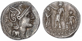 RÉPUBLIQUE ROMAINE
Porcia, Publius Porcius Læca. Denier ND (110-109 av. J.-C.), Rome.
RRC.301/1 ; Argent - 3,99 g - 17,5 mm - 6 h 
Belle patine. TT...