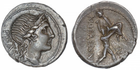RÉPUBLIQUE ROMAINE
Herennia, Marcus Herennius. Denier ND (108-107 av. J.-C.), Rome.
RRC.308/1 ; Argent - 3,88 g - 18 mm - 12 h 
Belle patine. Super...