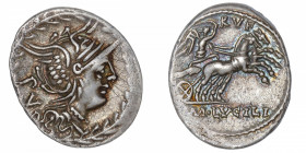 RÉPUBLIQUE ROMAINE
Lucilia, Marcus Lucilius Rufus. Denier ND (101 av. J.-C.), Rome.
RRC.324/1 ; Argent - 3,85 g - 19,5 mm - 1 h 
Flan oblong. Graff...