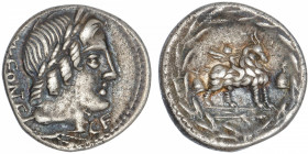 RÉPUBLIQUE ROMAINE
Fonteia, Manius Fonteius. Denier ND (85 av. J.-C.), Rome.
RRC.353/1 ; Argent - 3,88 g - 18 mm - 11 h 
TTB.