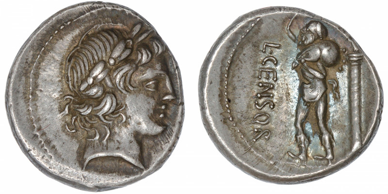 RÉPUBLIQUE ROMAINE
Marcia, Lucius Marcius Censorinus. Denier ND (82 av. J.-C.),...