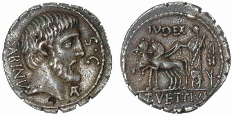 RÉPUBLIQUE ROMAINE
Vettia, T. Vettius Sabinus. Denier serratus ND (66 av. J.-C....