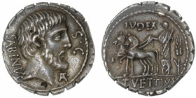 RÉPUBLIQUE ROMAINE
Vettia, T. Vettius Sabinus. Denier serratus ND (66 av. J.-C.), Rome.
RRC.404/1 ; Argent - 3,61 g - 19 mm - 5 h 
Contremarque au ...