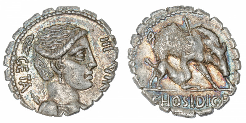 RÉPUBLIQUE ROMAINE
Hosidia, Caius Hosidius Geta. Denier serratus ND (68 av. J.-...