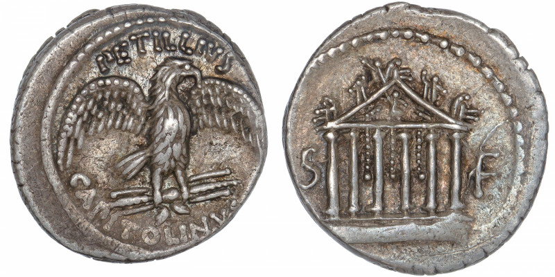 RÉPUBLIQUE ROMAINE
Petillia, Petillius Capitolinus. Denier ND (43 av. J.-C.), R...