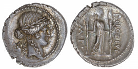 RÉPUBLIQUE ROMAINE
Claudia, Publius Claudius Turrinus. Denier ND (42 av. J.-C.), Rome.
RRC.494/23 ; Argent - 3,90 g - 19 mm - 6 h 
Flan assez large...
