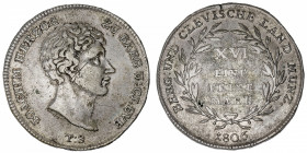 ALLEMAGNE
Berg et Clèves (Grand-duché de), Joachim Murat (1806-1808). Thaler 1806, TS, Düsseldorf.
Dav.624 - DMP.561 - KM.11 - AKS 9 - J.17 ; Argent...