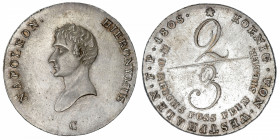 ALLEMAGNE
Westphalie, Jérôme Napoléon (1807-1813). 2/3 de thaler 1808, C, Cassel.
KM.89 ; Argent - 12,99 g - 34 mm - 6 h 
Ancien nettoyage. Beau TT...