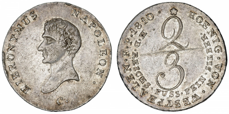 ALLEMAGNE
Westphalie, Jérôme Napoléon (1807-1813). 2/3 de thaler 1810, C, Casse...