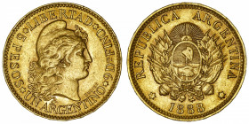 ARGENTINE
République. 5 pesos (1 argentino) 1888.
Fr.14 ; Or - 8,06 g - 22 mm - 6 h 
Superbe.
