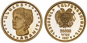 ARMÉNIE
République. 25000 dram 1997.
Fr.4 ; Or - 4,30 g - 18 mm - 12 h 
Fleur de coin.