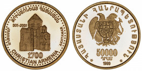 ARMÉNIE
République. 50000 dram 1999.
Fr.8 ; Or - 8,62 g - 22 mm - 12 h 
Fleur de coin.