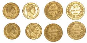 BELGIQUE
Léopold Ier (1831-1865). Lot de 4 x 20 francs or, L.WIENER, tranche A 1865, Bruxelles.
M.6 - Fr.411 ; Or - 4 x 6,45 g - 21 mm - 6 h 
Lot d...