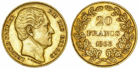 BELGIQUE
Léopold Ier (1831-1865). 20 francs L WINNER, tranche B 1865, Bruxelles.
M.6e - Fr.411 ; Or - 6,41 g - 21 mm - 6 h 
Rare variété L WINNER a...