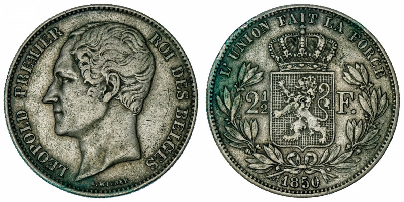 BELGIQUE
Léopold Ier (1831-1865). 2 1/2 francs, grosse tête nue 1850, Bruxelles...