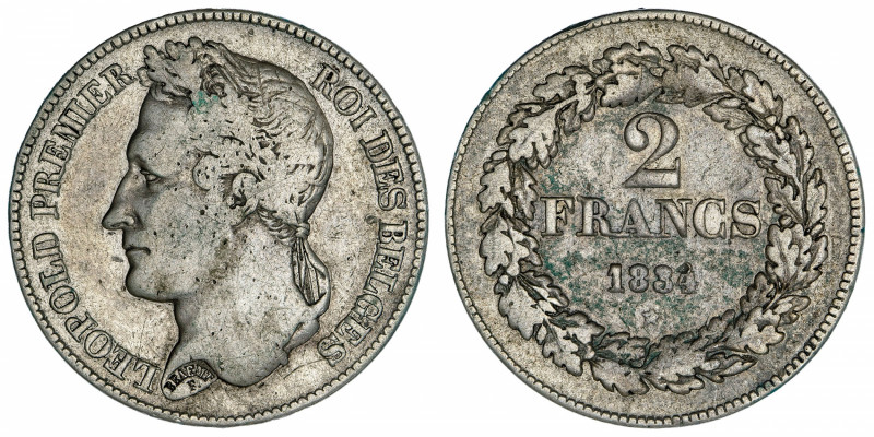 BELGIQUE
Léopold Ier (1831-1865). 2 francs, tête laurée 1834, Bruxelles.
M.16a...